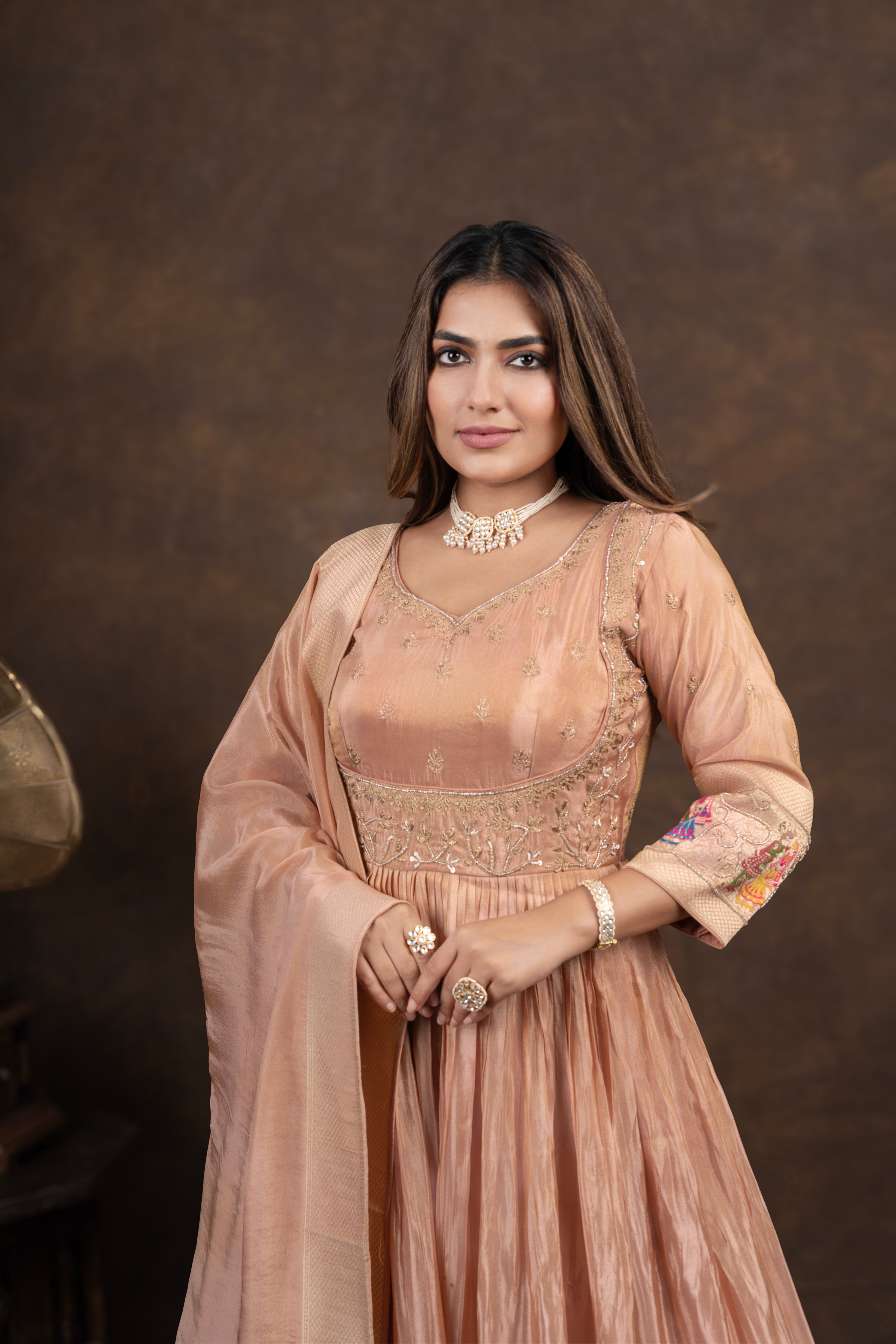 Chikoo Anarkali with Folk Motif Silk Dupatta