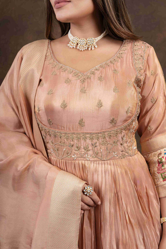 Chikoo Anarkali with Folk Motif Silk Dupatta