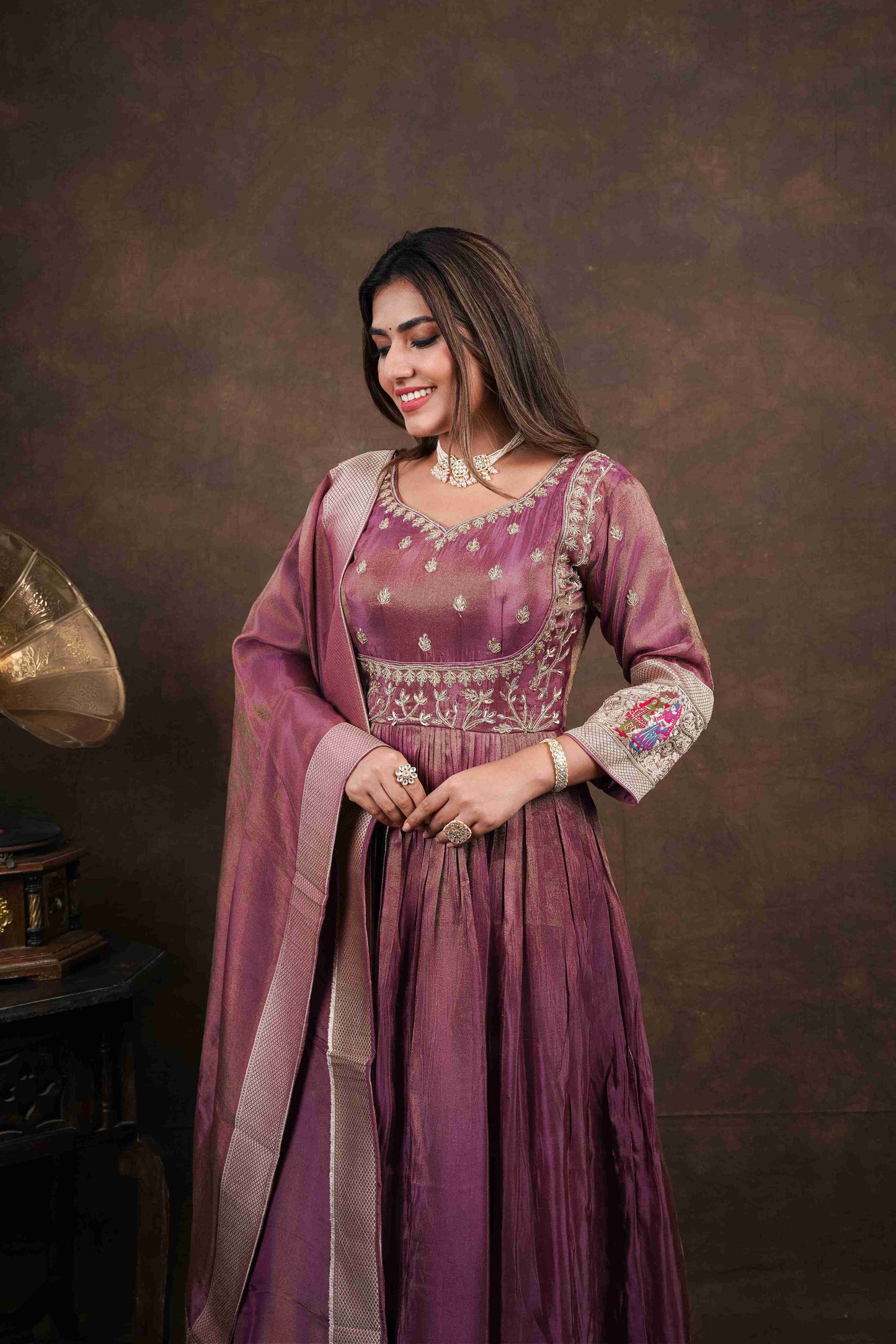 Magenta Anarkali with Folk Motif Silk Dupatta