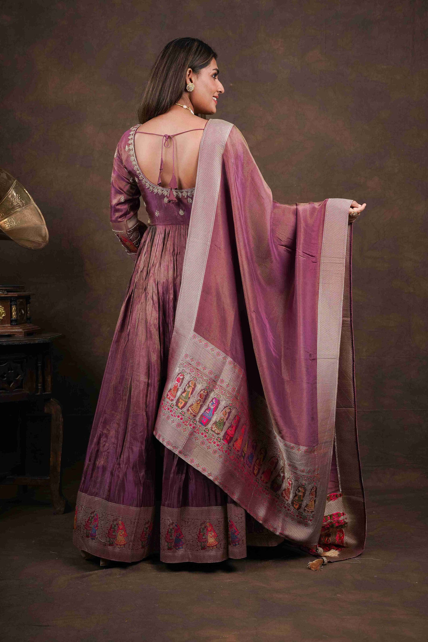 Magenta Anarkali with Folk Motif Silk Dupatta