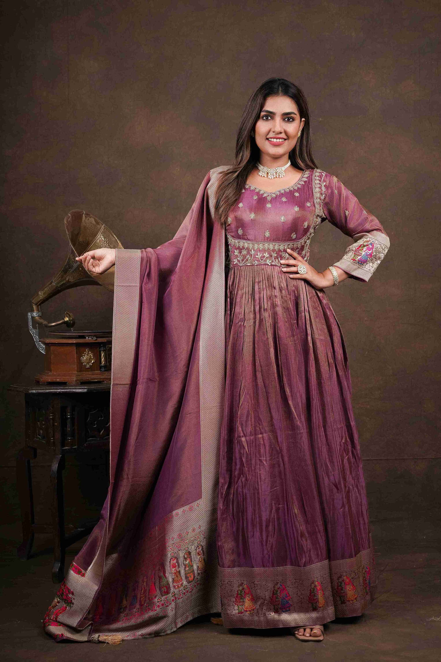 Magenta Anarkali with Folk Motif Silk Dupatta