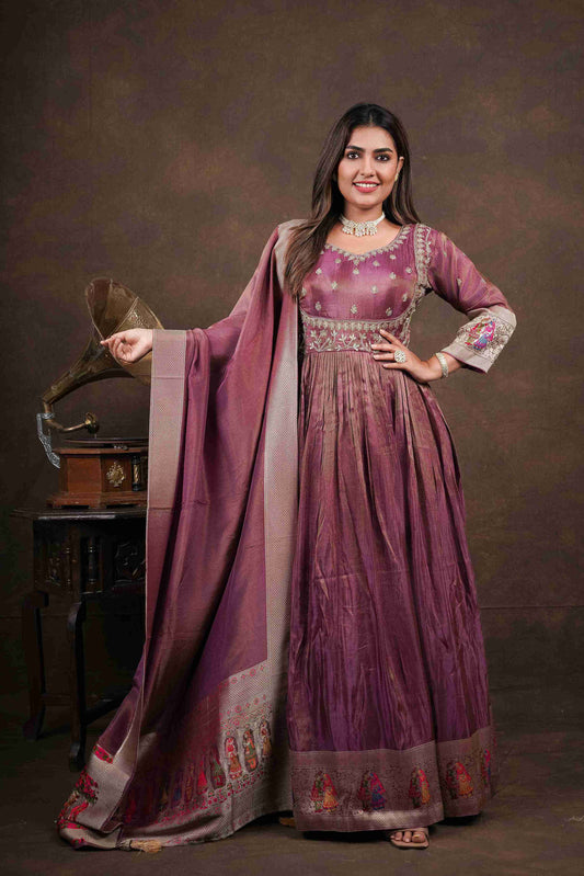 Magenta Anarkali with Folk Motif Silk Dupatta