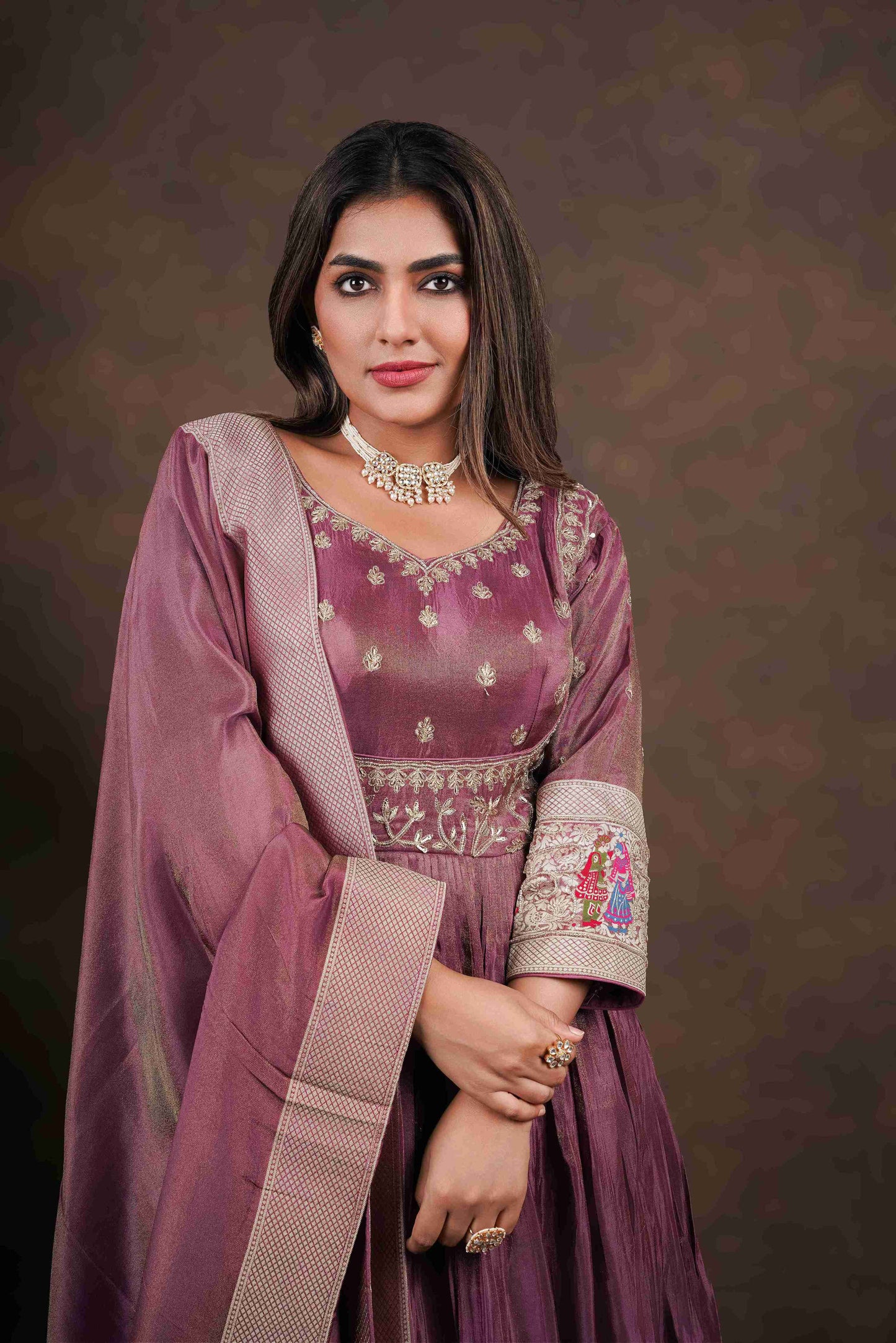 Magenta Anarkali with Folk Motif Silk Dupatta