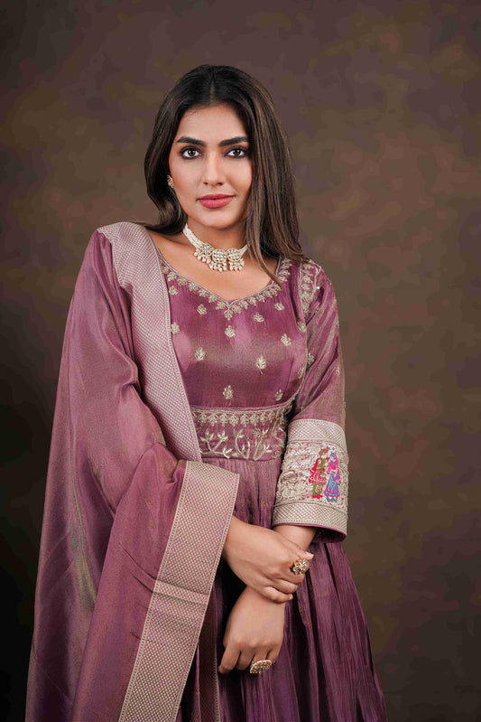 Magenta Anarkali with Folk Motif Silk Dupatta
