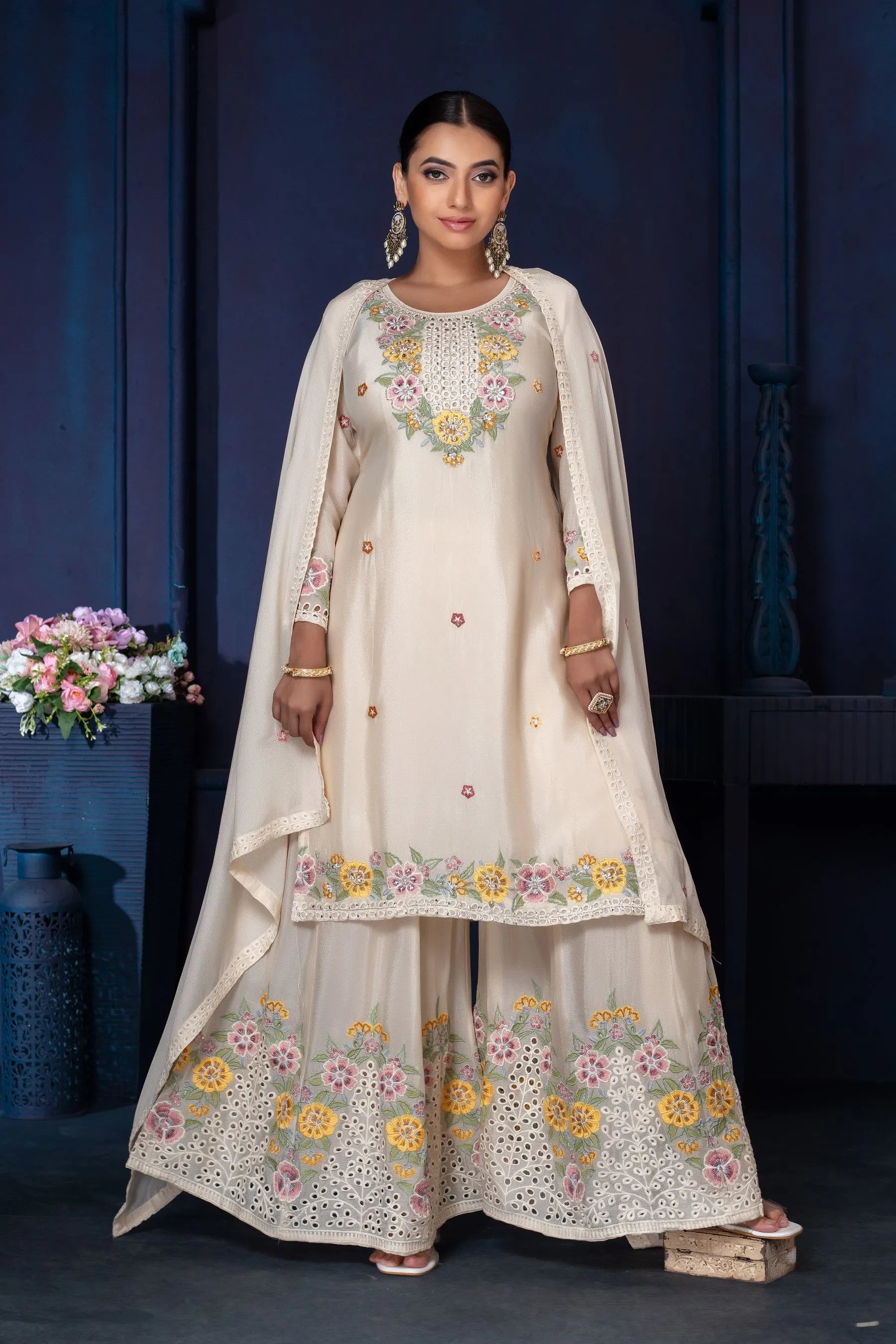 Floral Embroidered Kurta Sharara Set with Dupatta