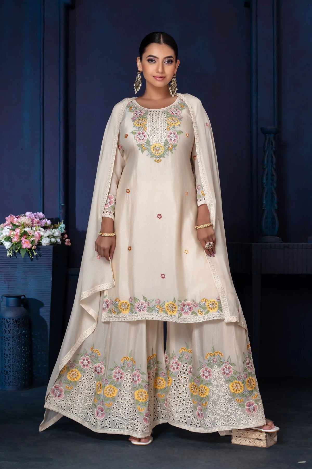 Floral Embroidered Kurta Sharara Set with Dupatta
