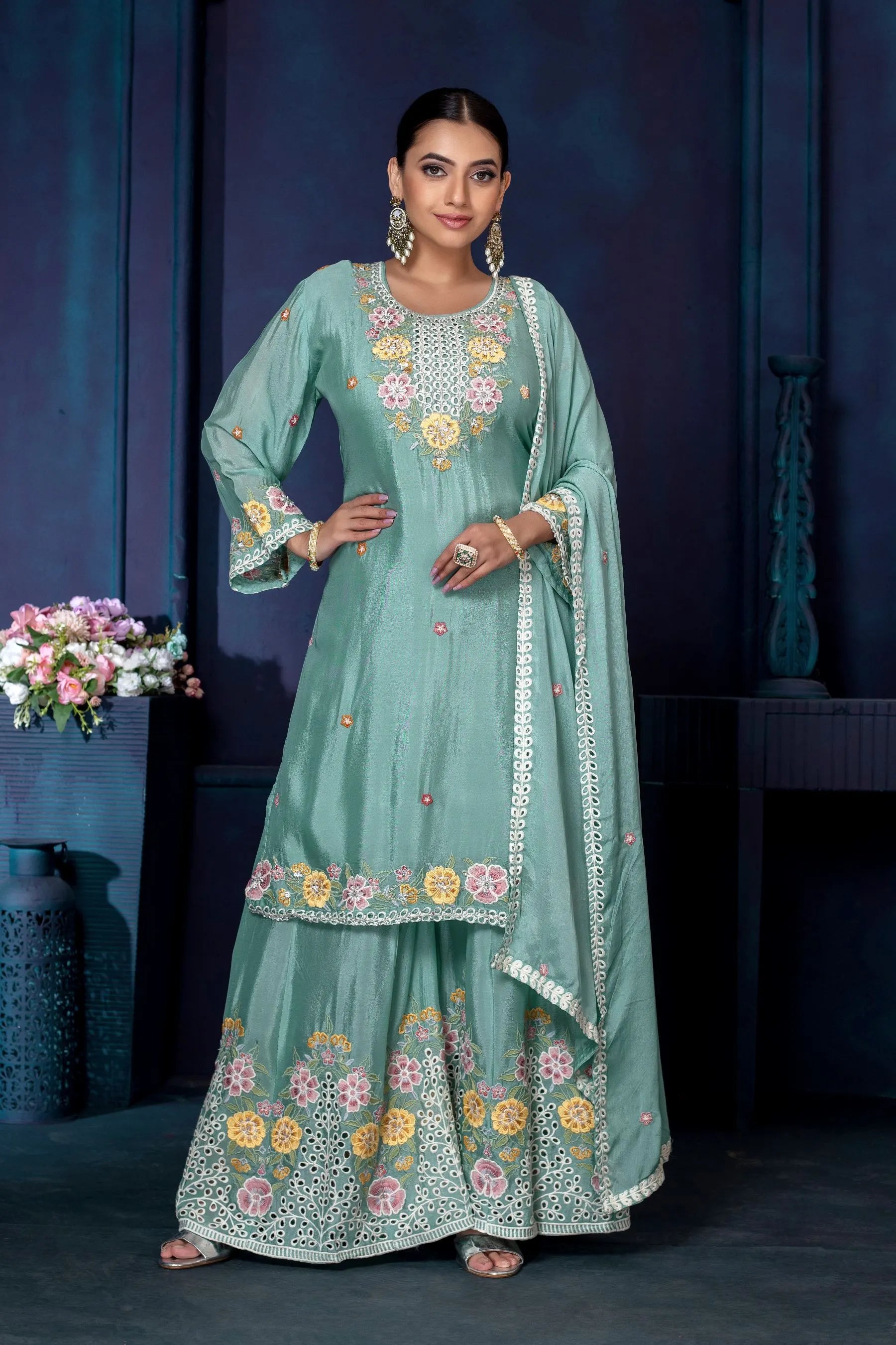 Floral Embroidered Kurta Sharara Set with Dupatta