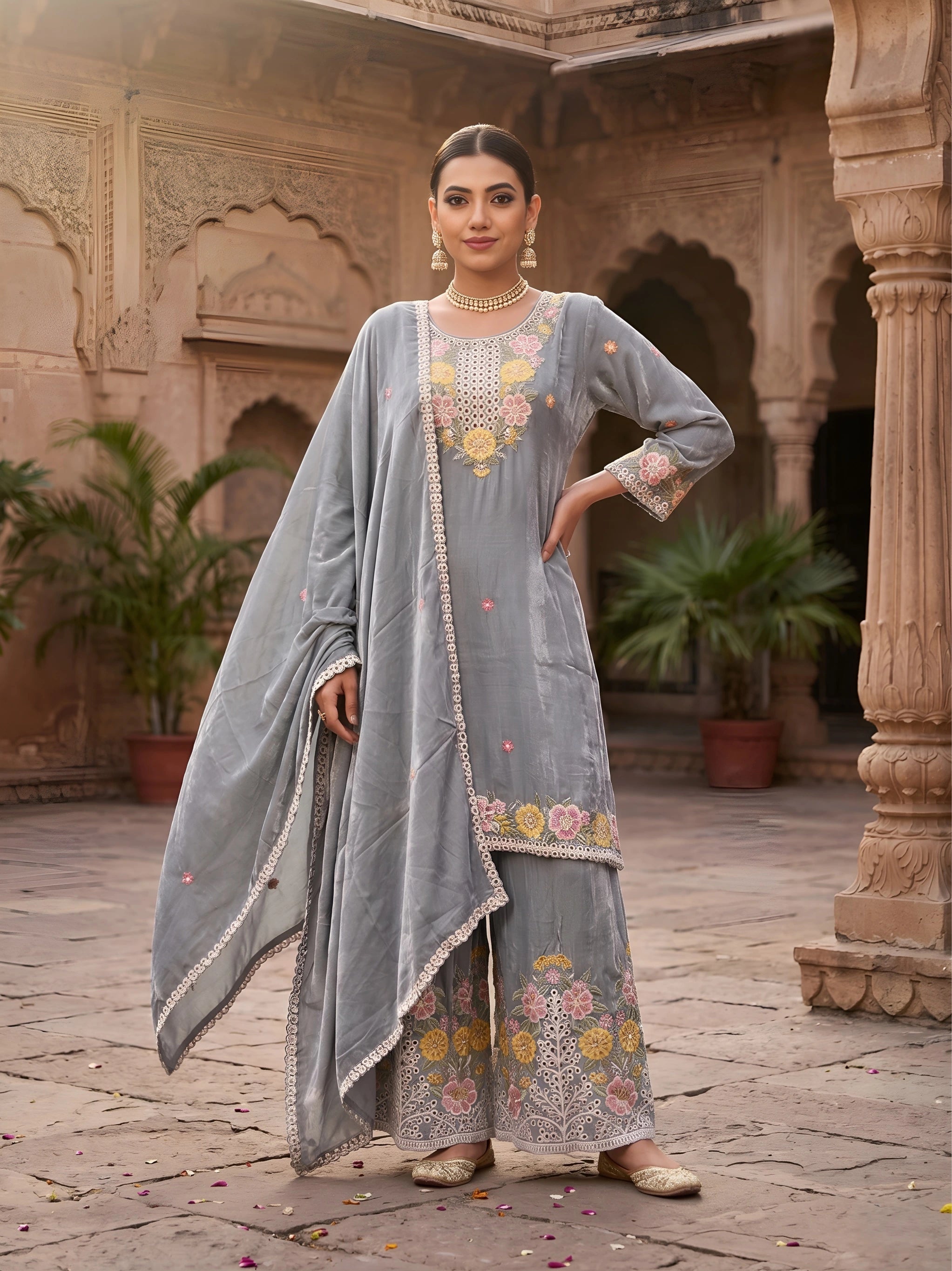 Floral Embroidered Kurta Sharara Set with Dupatta