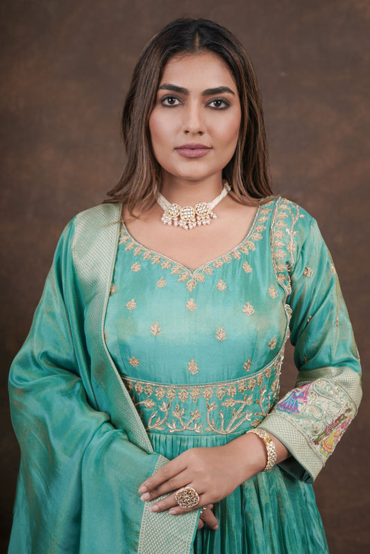Dusty Blue Anarkali with Folk Motif Silk Dupatta