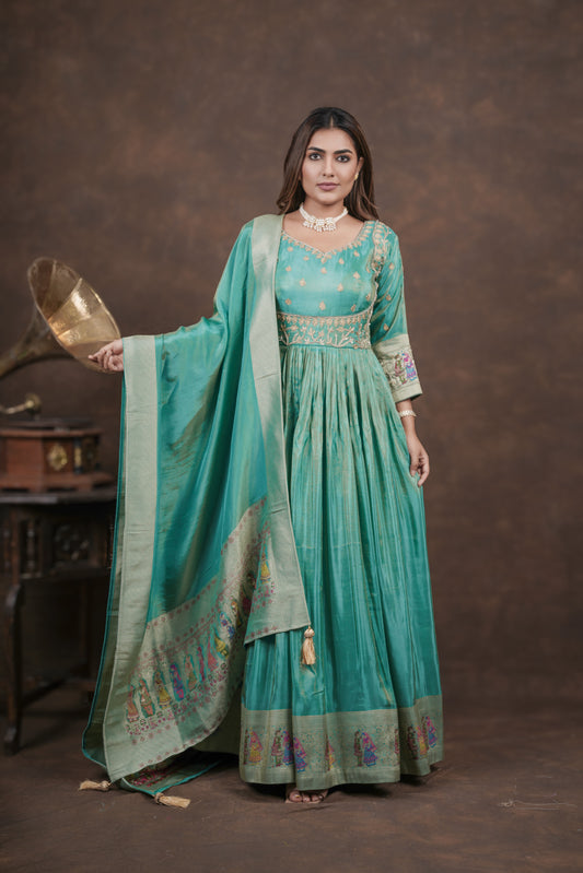 Dusty Blue Anarkali with Folk Motif Silk Dupatta