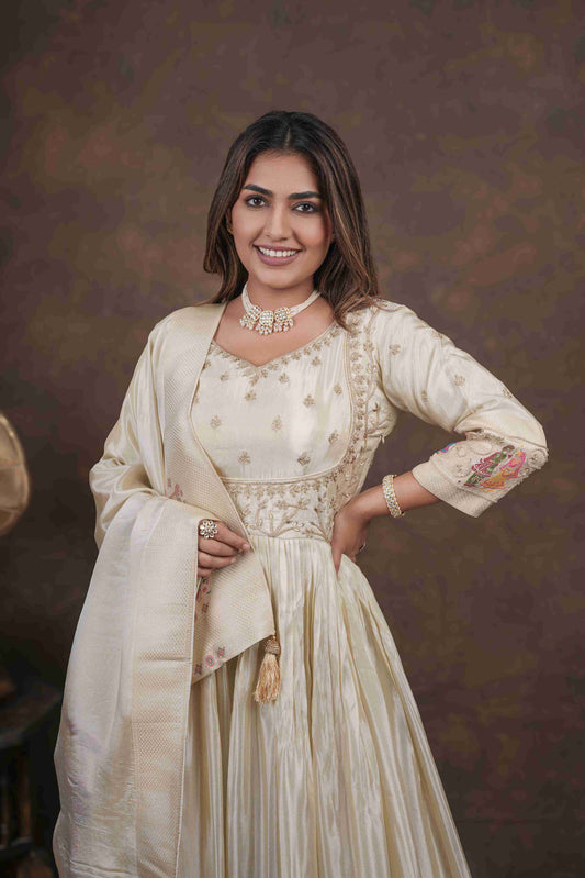 Off White Anarkali with Folk Motif Silk Dupatta
