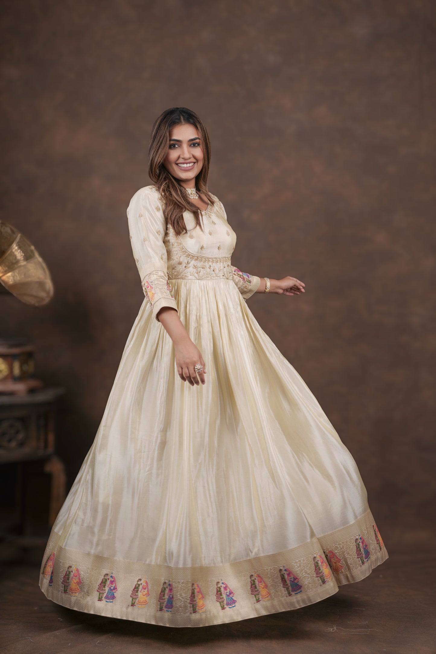 Off White Anarkali with Folk Motif Silk Dupatta