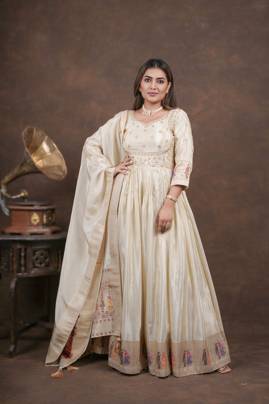 Off White Anarkali with Folk Motif Silk Dupatta