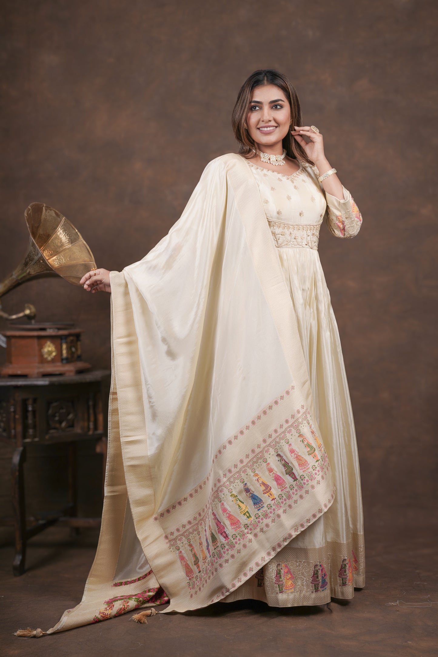 Off White Anarkali with Folk Motif Silk Dupatta
