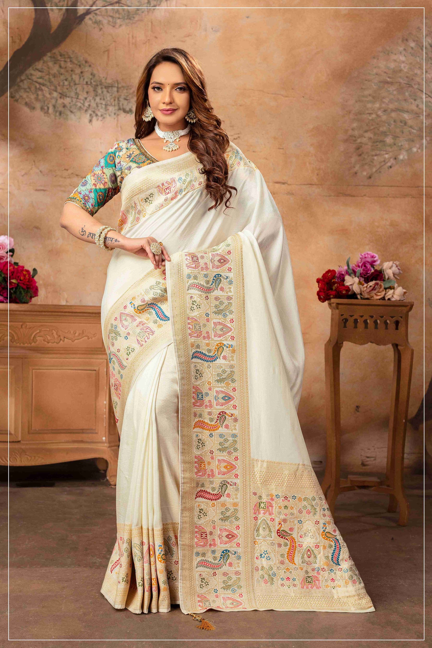 Off White Dola Silk Saree with Multicolor Blouse