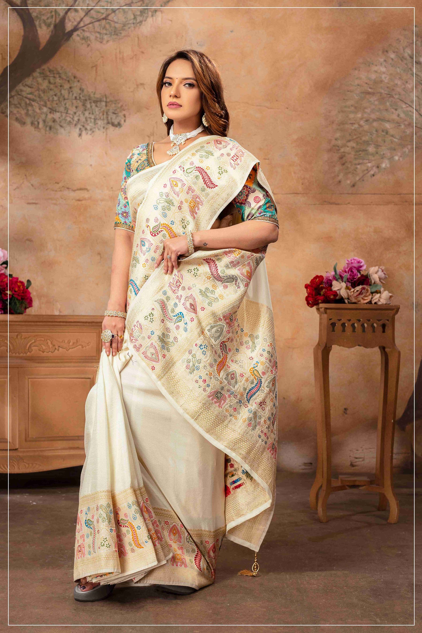 Off White Dola Silk Saree with Multicolor Blouse