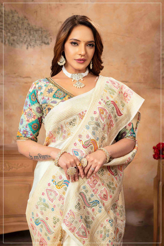 Off White Dola Silk Saree with Multicolor Blouse