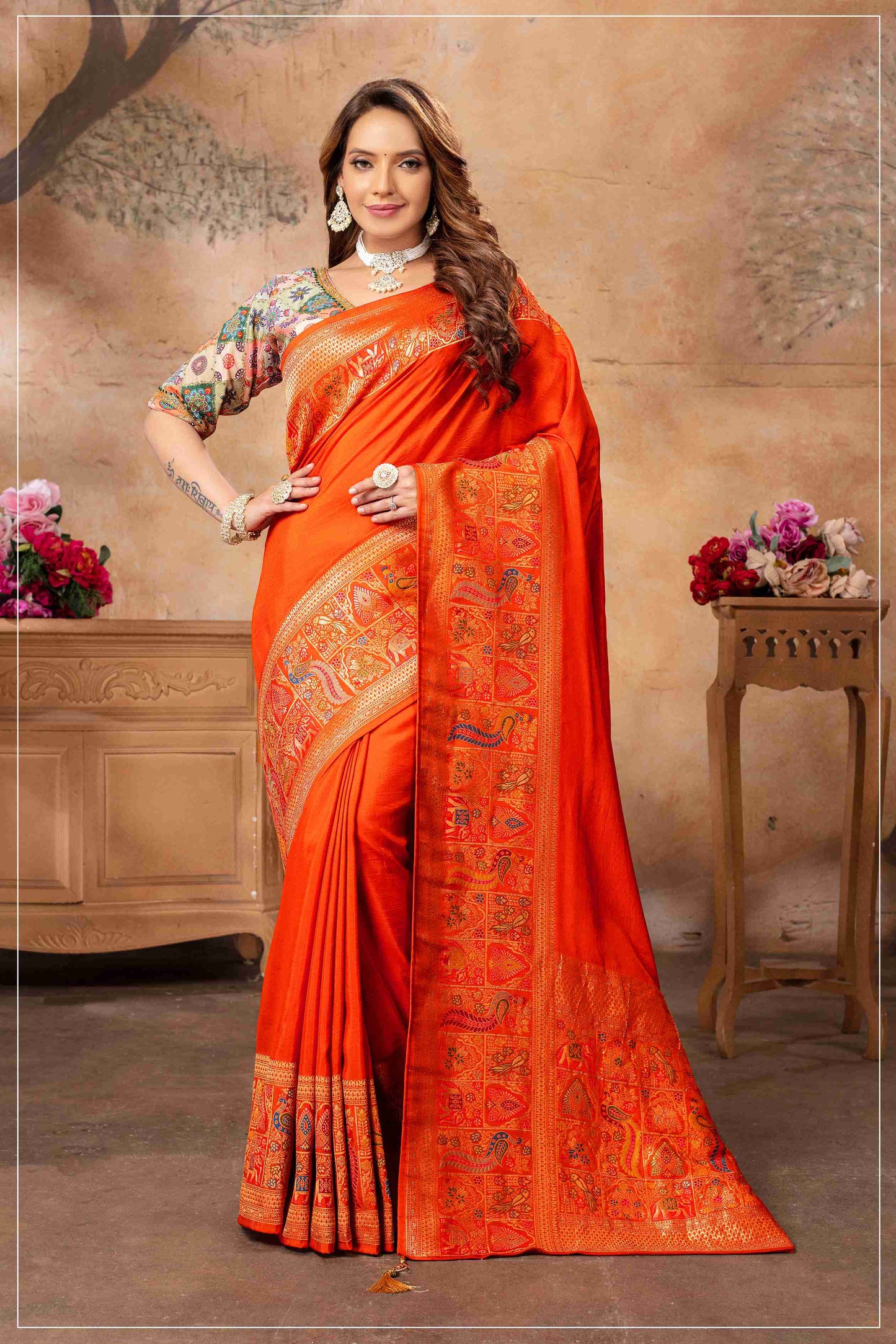 Rust Orange Dola Silk Saree With Multicolor Blouse.