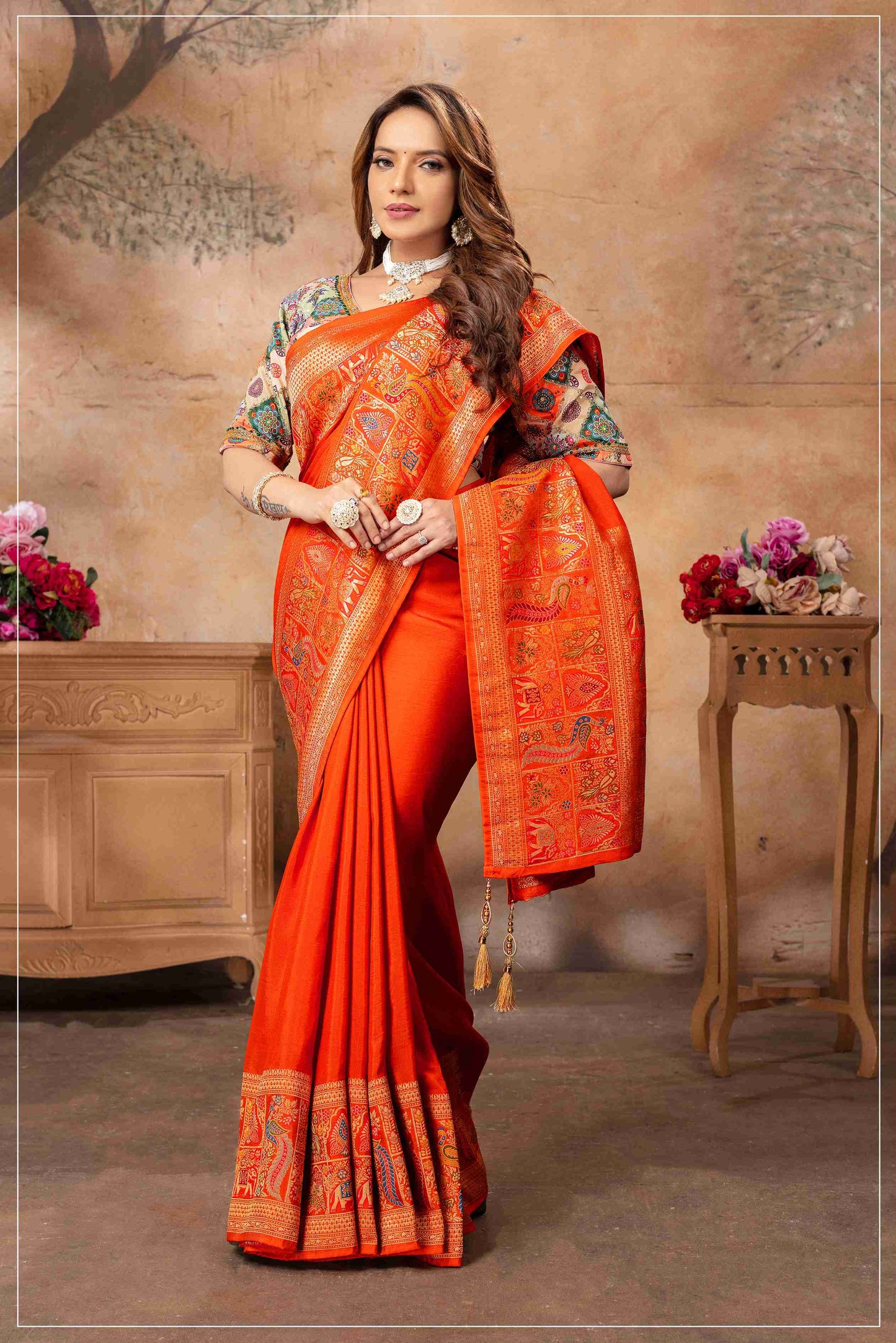 Rust Orange Dola Silk Saree With Multicolor Blouse.