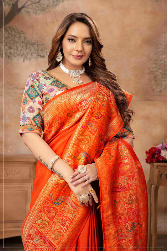 Rust Orange Dola Silk Saree With Multicolor Blouse.