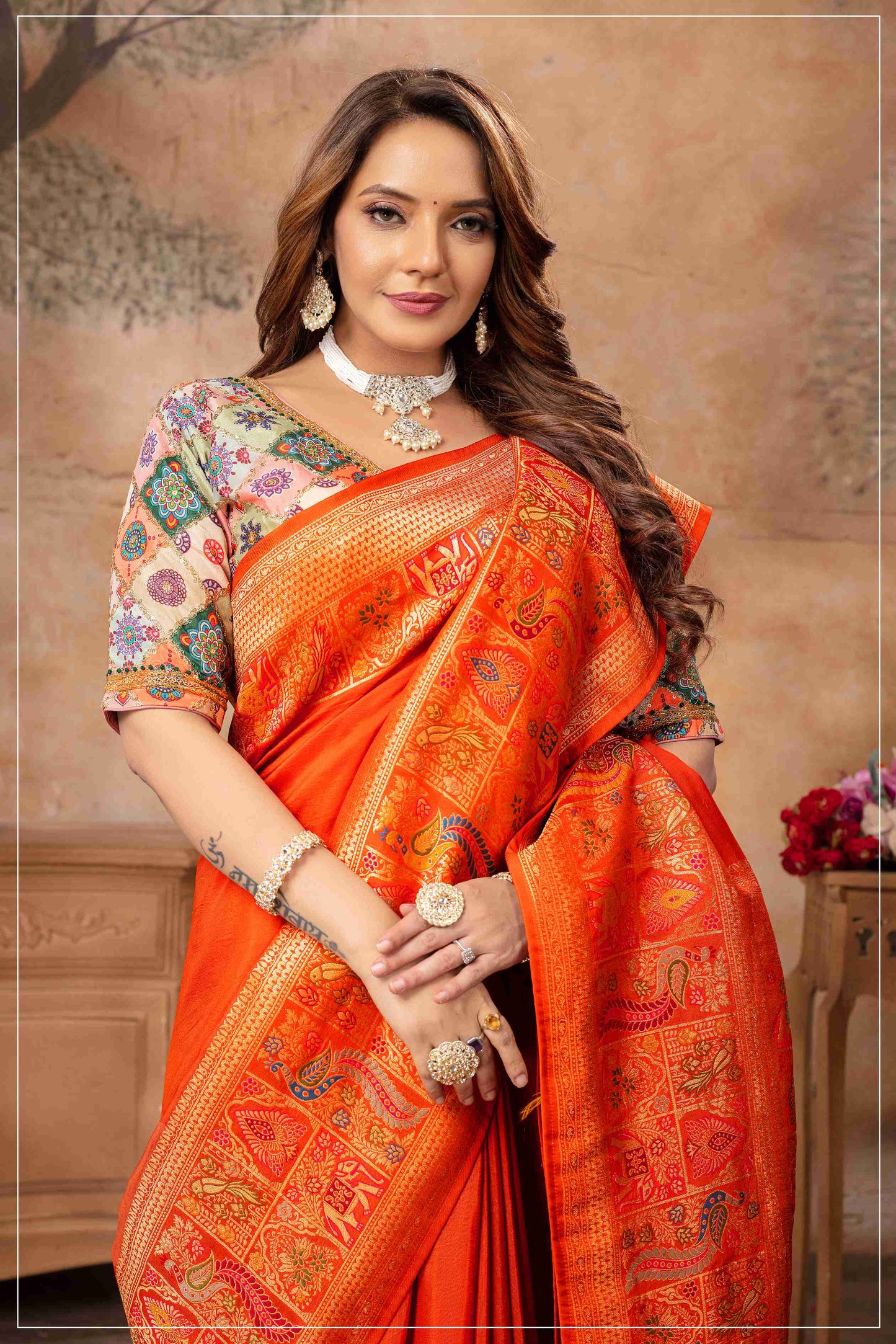 Rust Orange Dola Silk Saree With Multicolor Blouse.