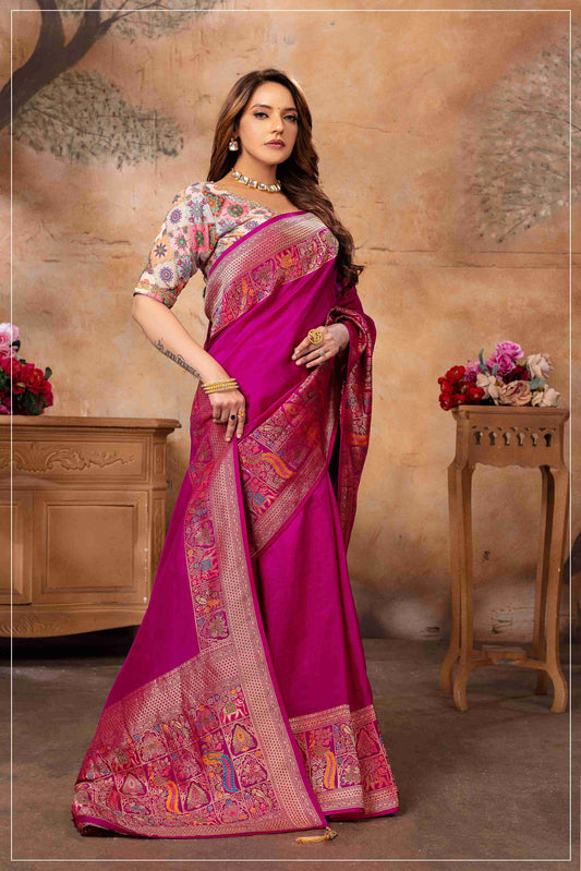 Majestic Rani Pink Saree with Multicolor Blouse.