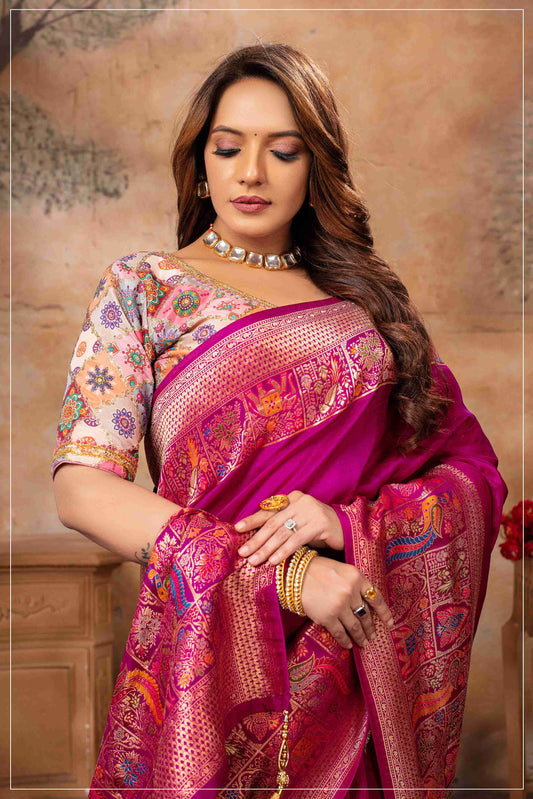 Majestic Rani Pink Saree with Multicolor Blouse.