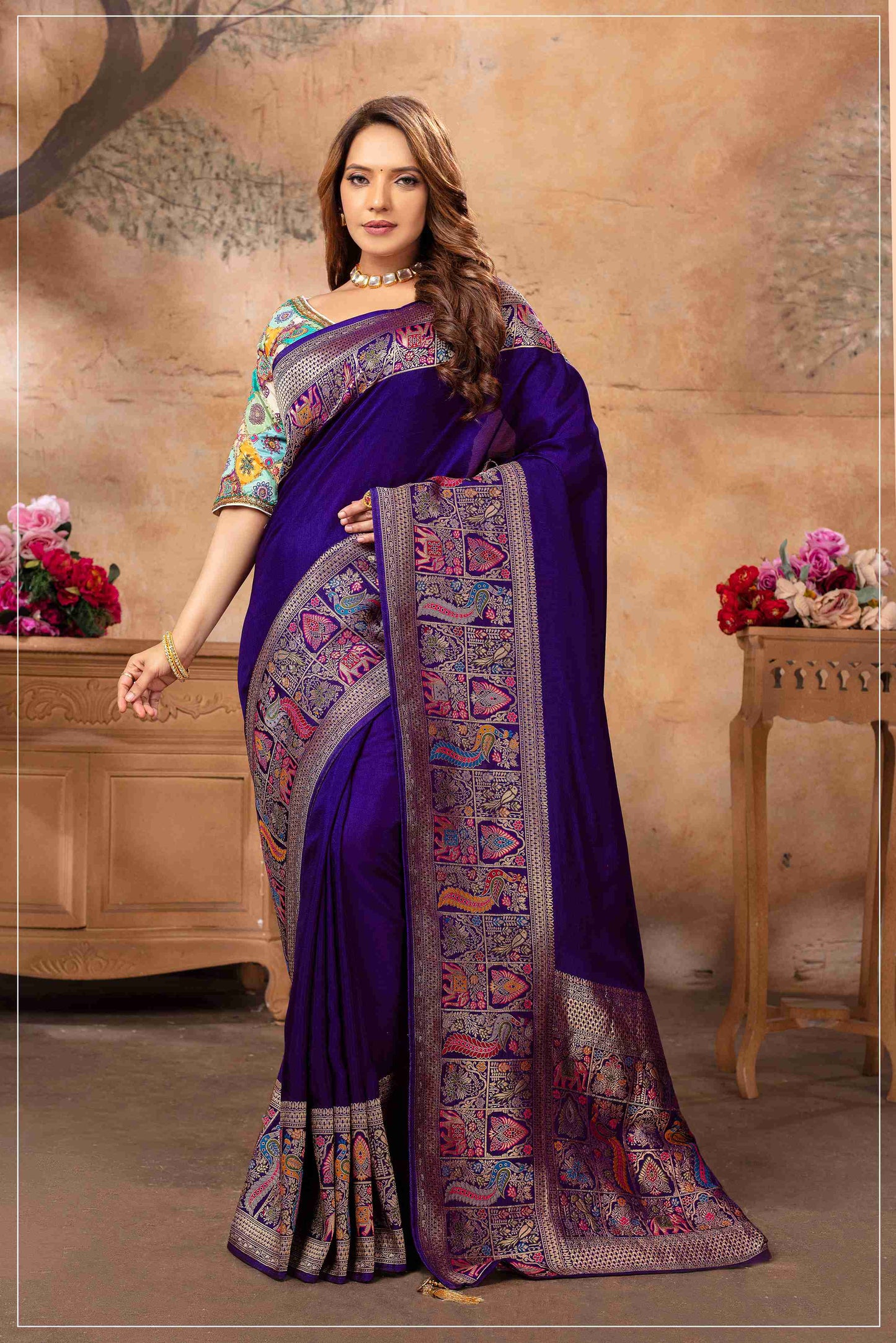 Royal Purple Dola Silk Saree with Multicolor Blouse.