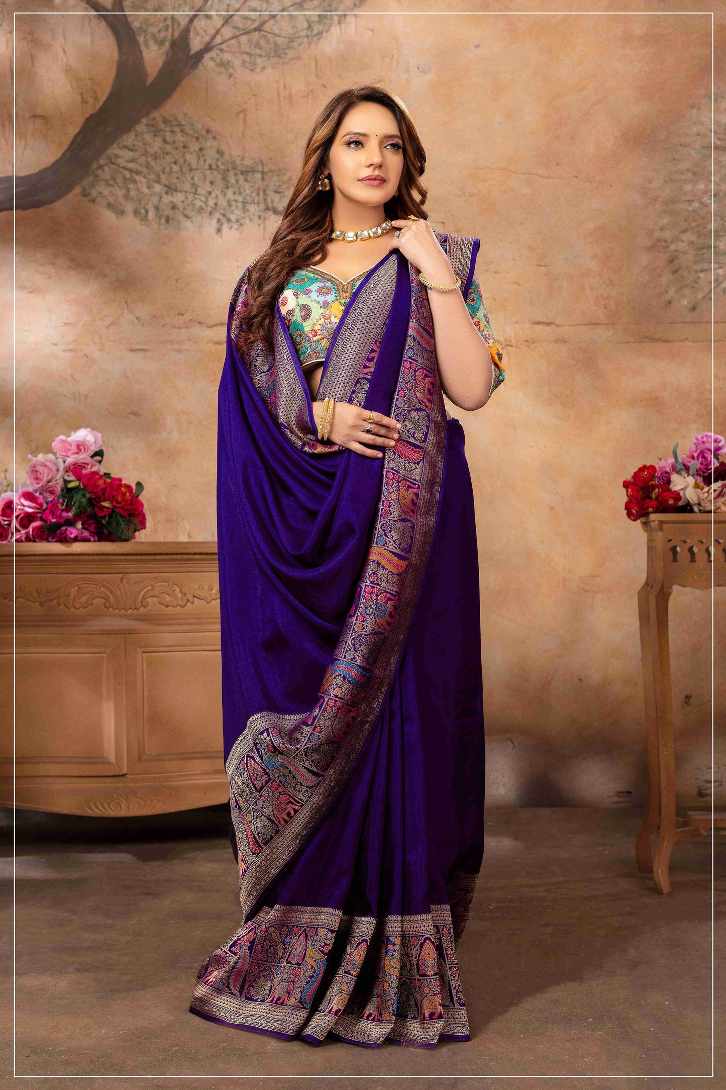 Royal Purple Dola Silk Saree with Multicolor Blouse.
