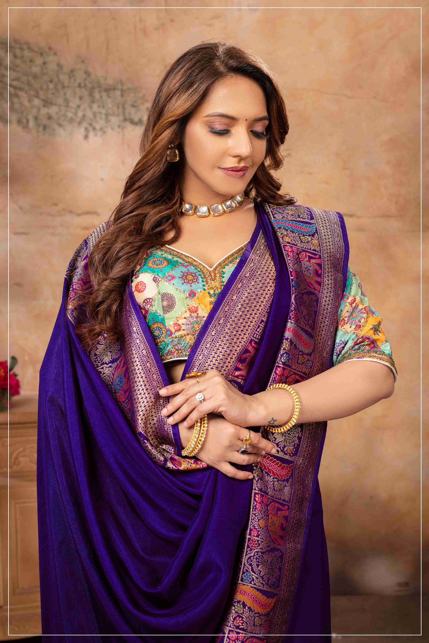 Royal Purple Dola Silk Saree with Multicolor Blouse.
