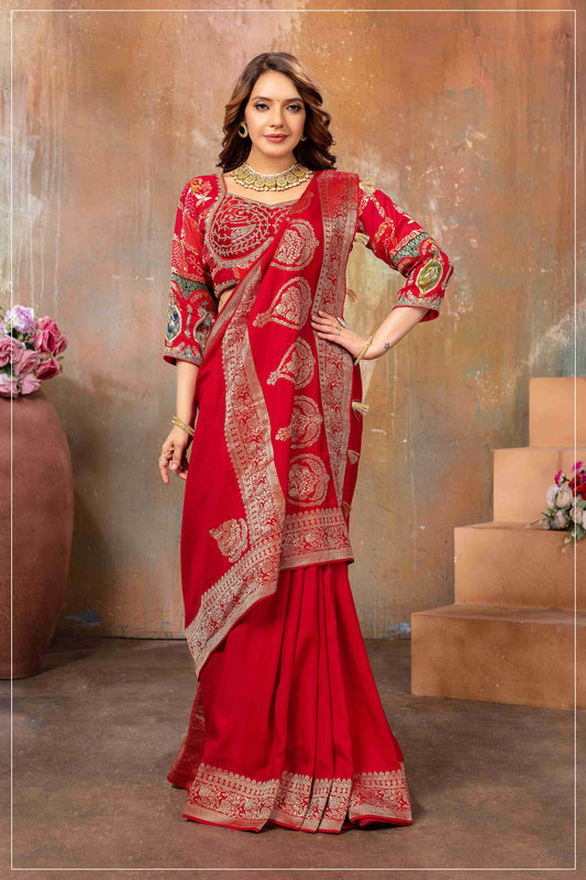 Red Banarasi Silk Saree with Designer Stitched Blouse