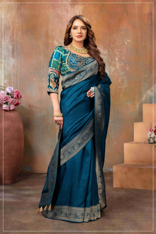 TealBlue Banarasi Silk Saree with Designer Stitched Blouse