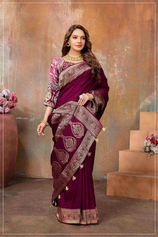 Brown Banarasi Silk Saree with Designer Stitched Blouse
