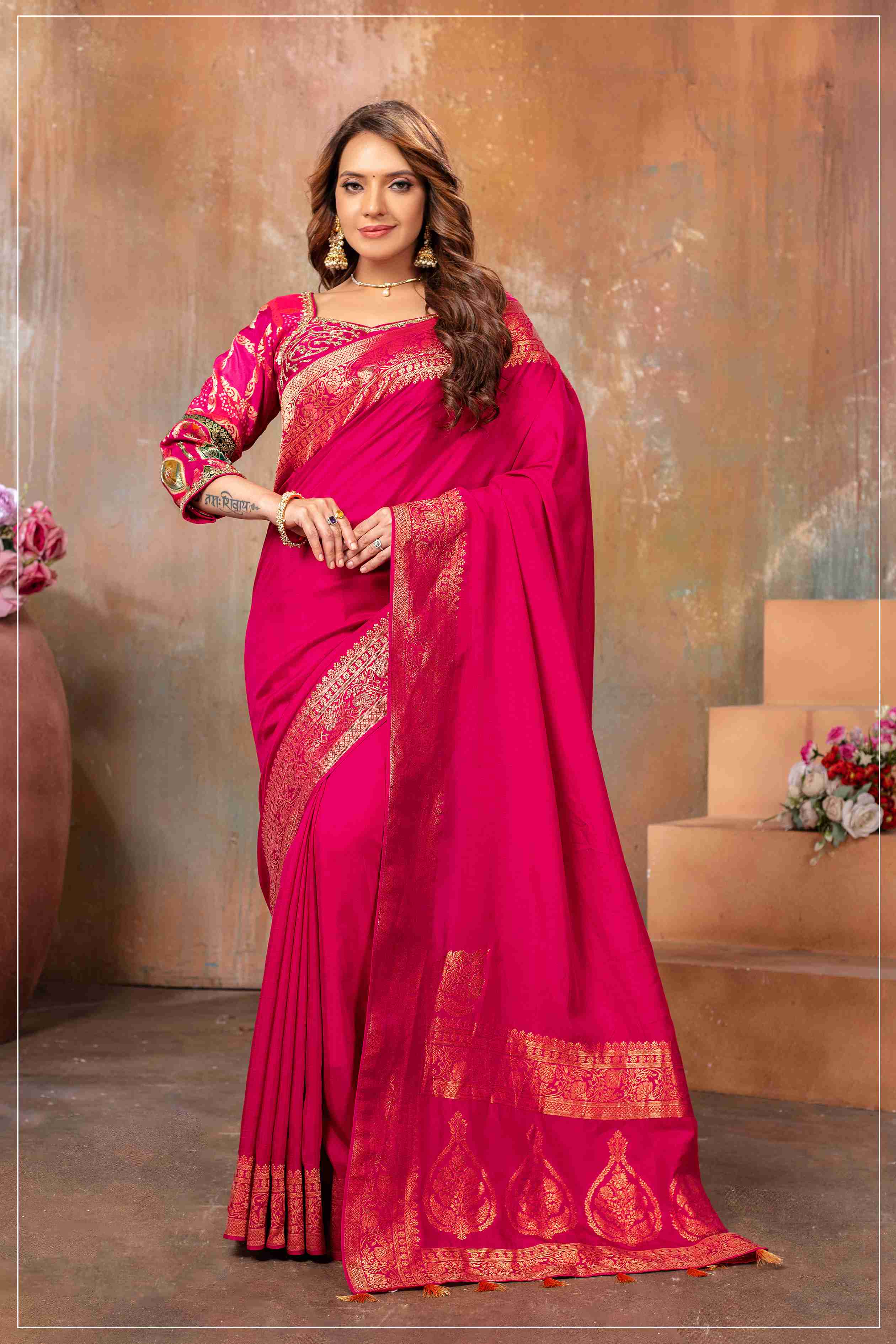 Pink Banarasi Silk Saree with Designer Stitched Blouse