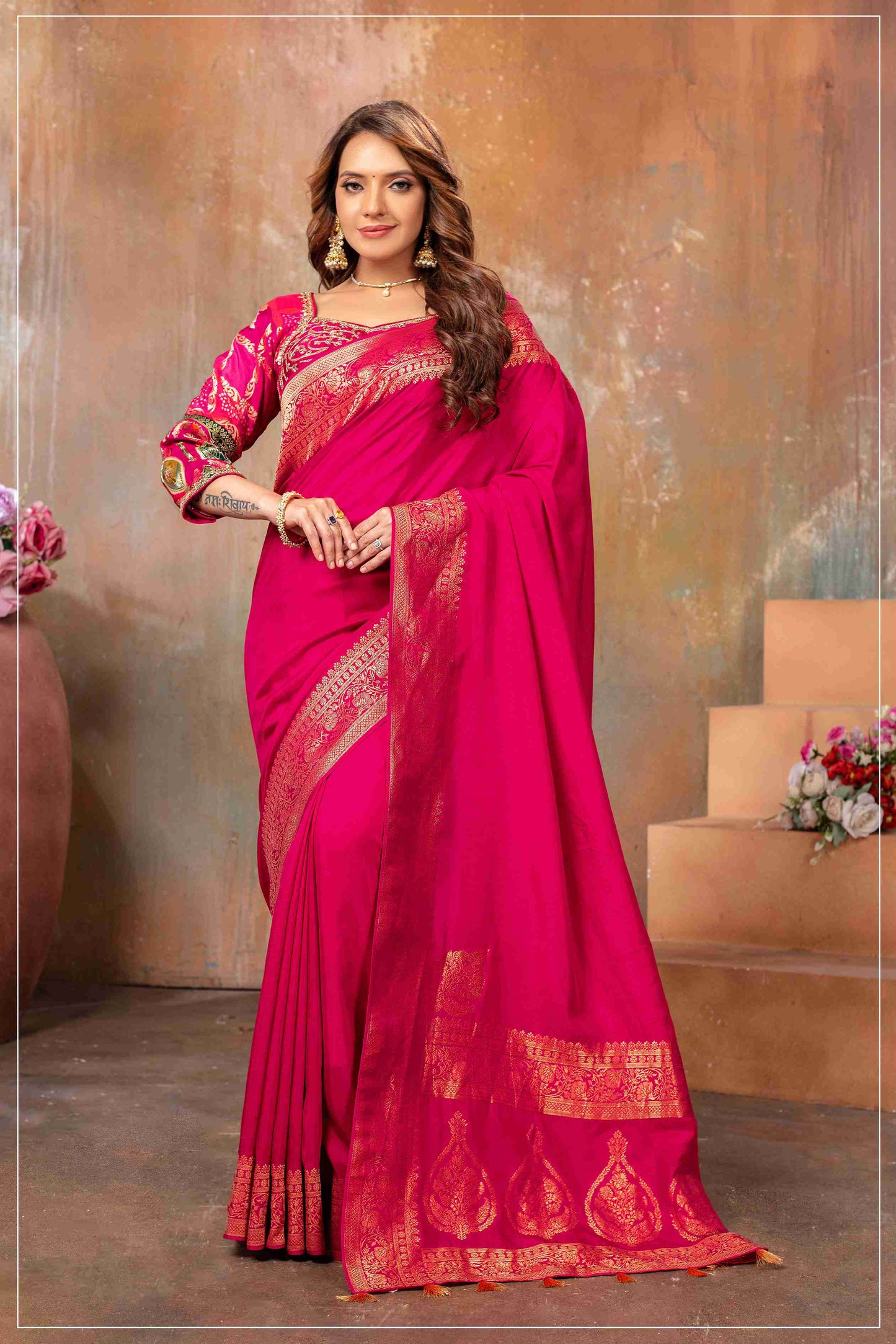 Pink Banarasi Silk Saree with Designer Stitched Blouse