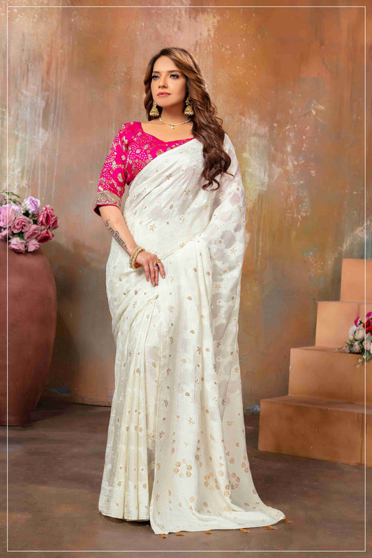 Off-White Chinon Saree with Pink Blouse