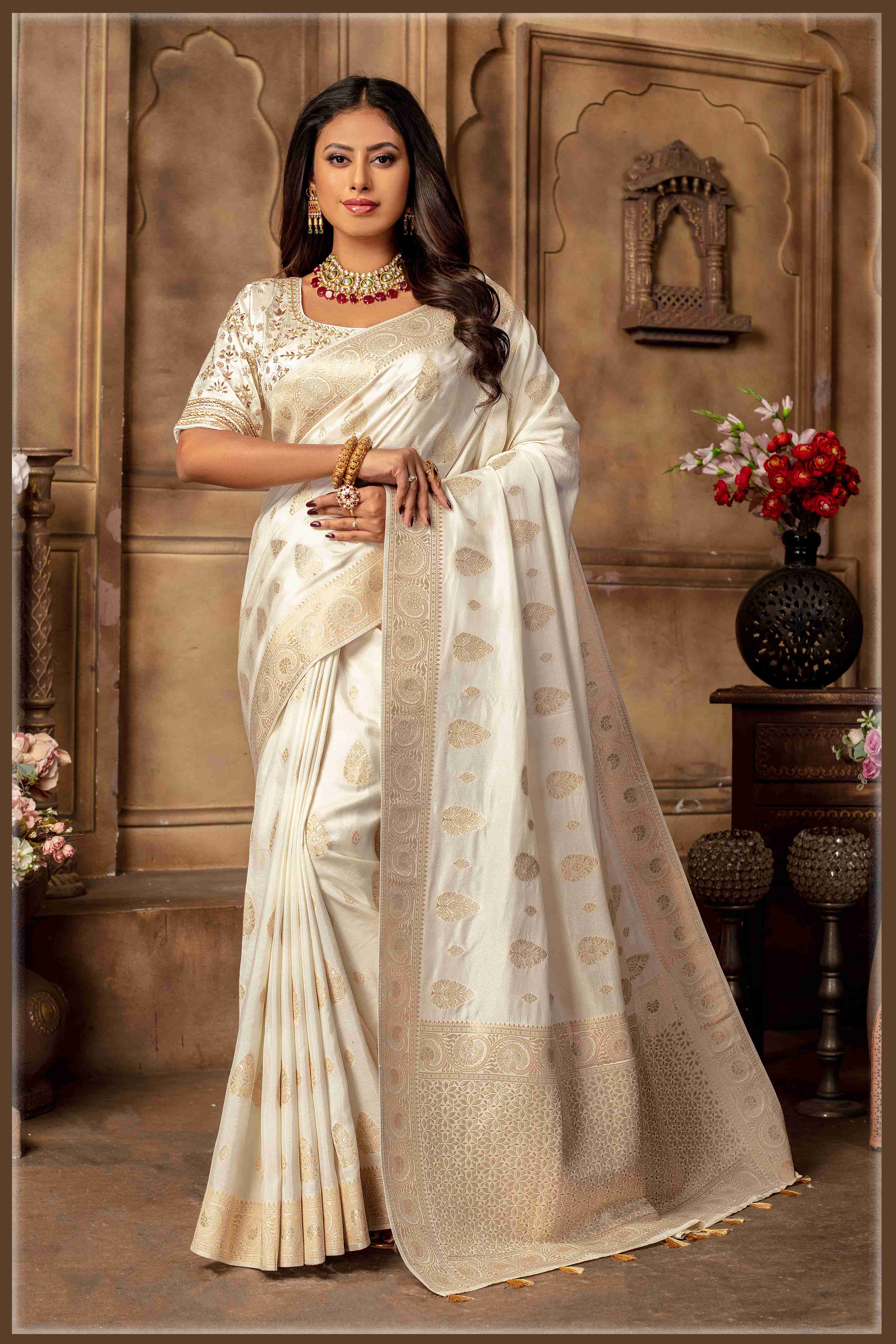 offwhite Banarasi Silk Saree with Stitched Blouse