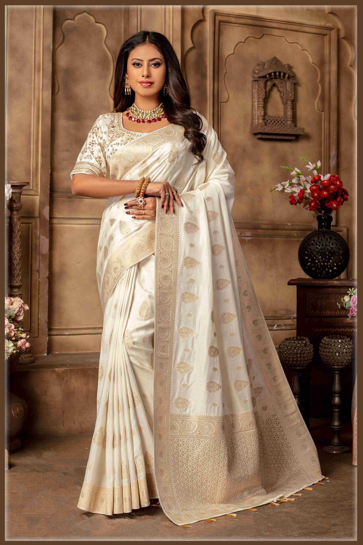 offwhite Banarasi Silk Saree with Stitched Blouse