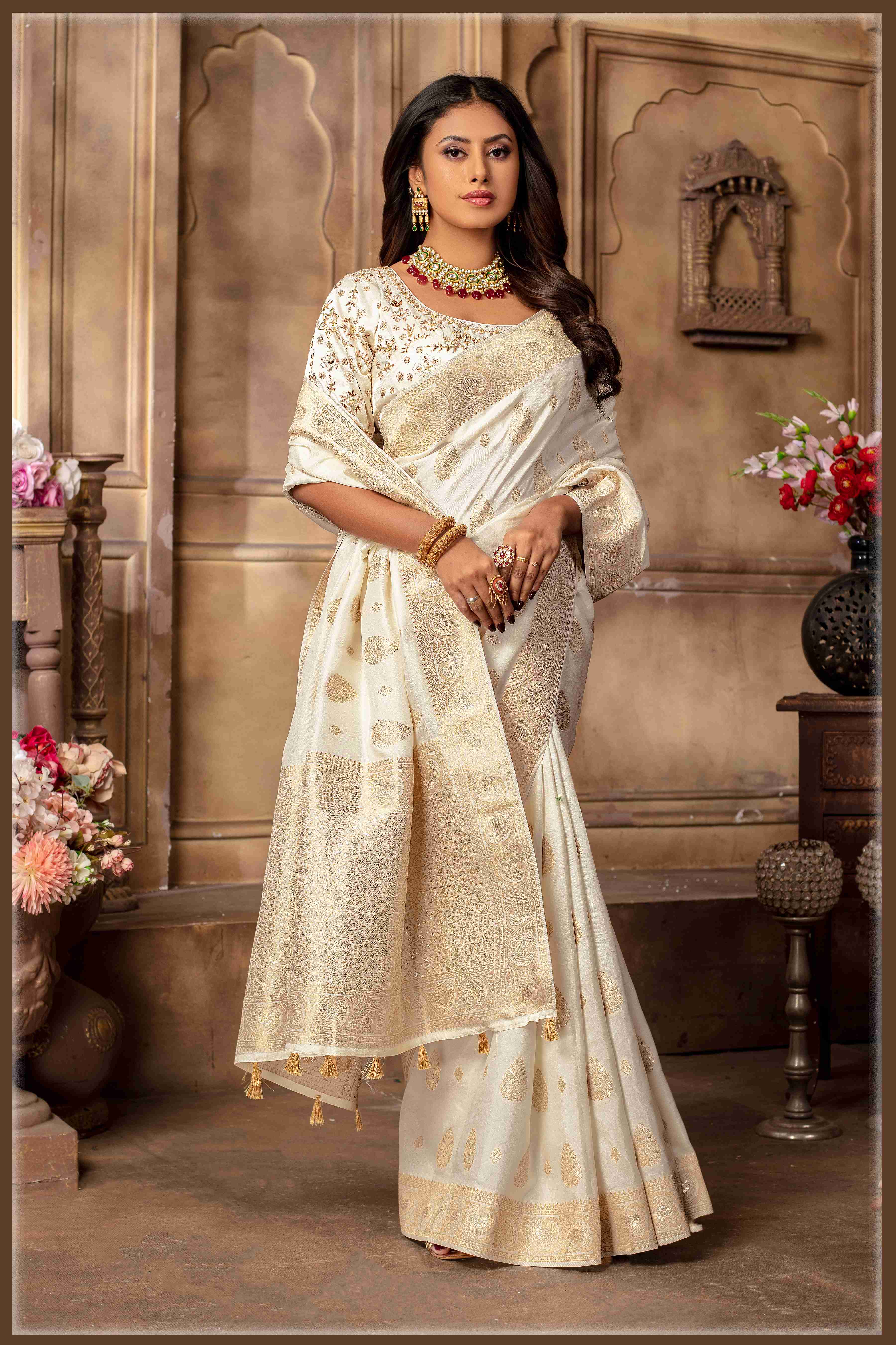 offwhite Banarasi Silk Saree with Stitched Blouse