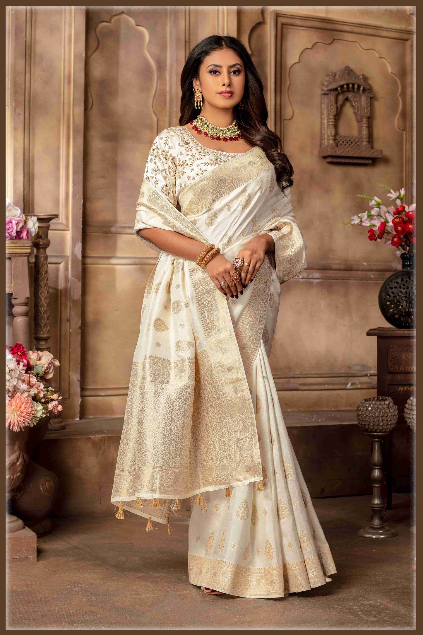 offwhite Banarasi Silk Saree with Stitched Blouse