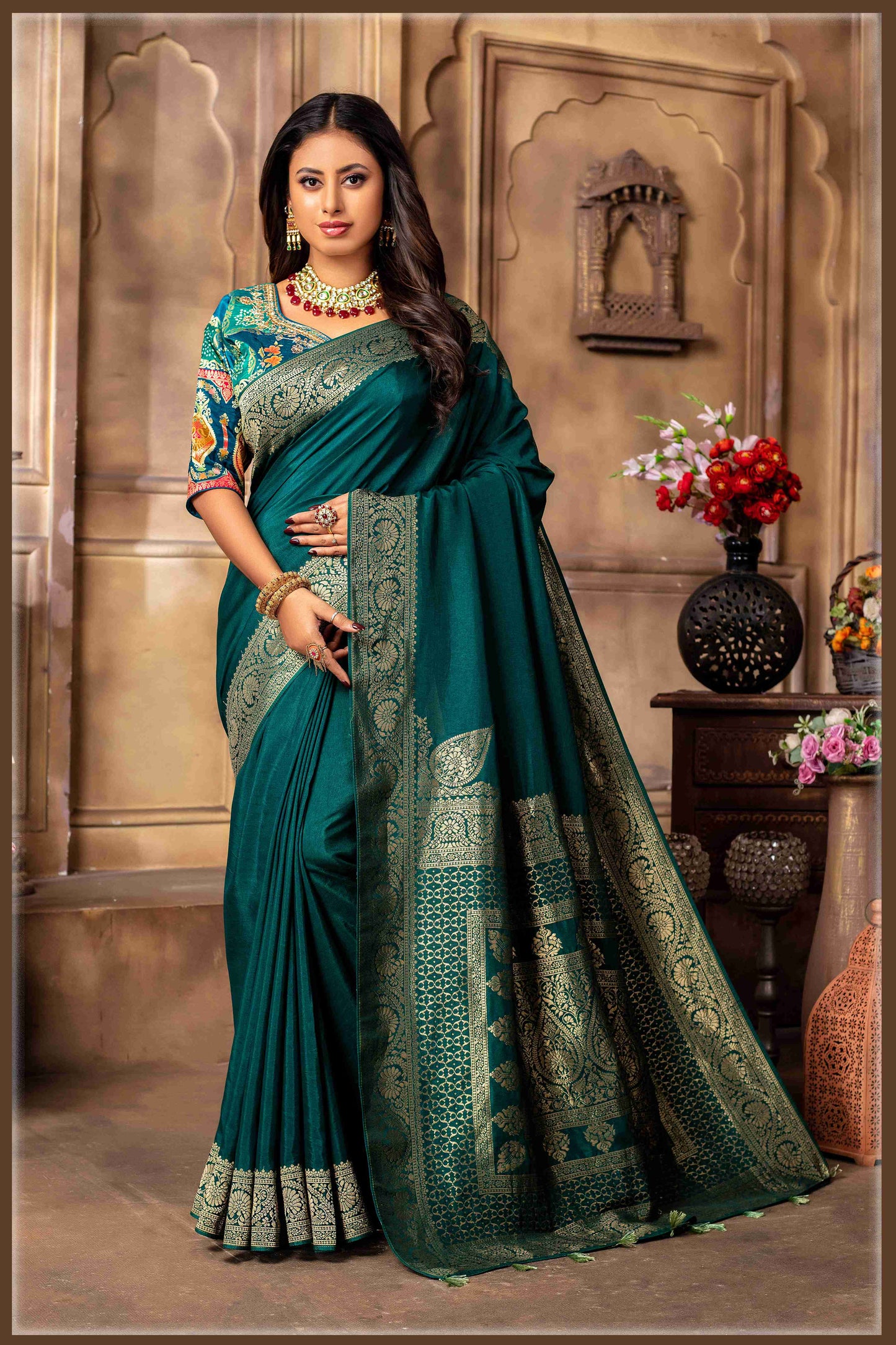 Bottle Green Banarasi Silk Saree with Stitched Blouse
