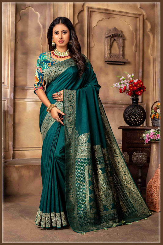 Bottle Green Banarasi Silk Saree with Stitched Blouse