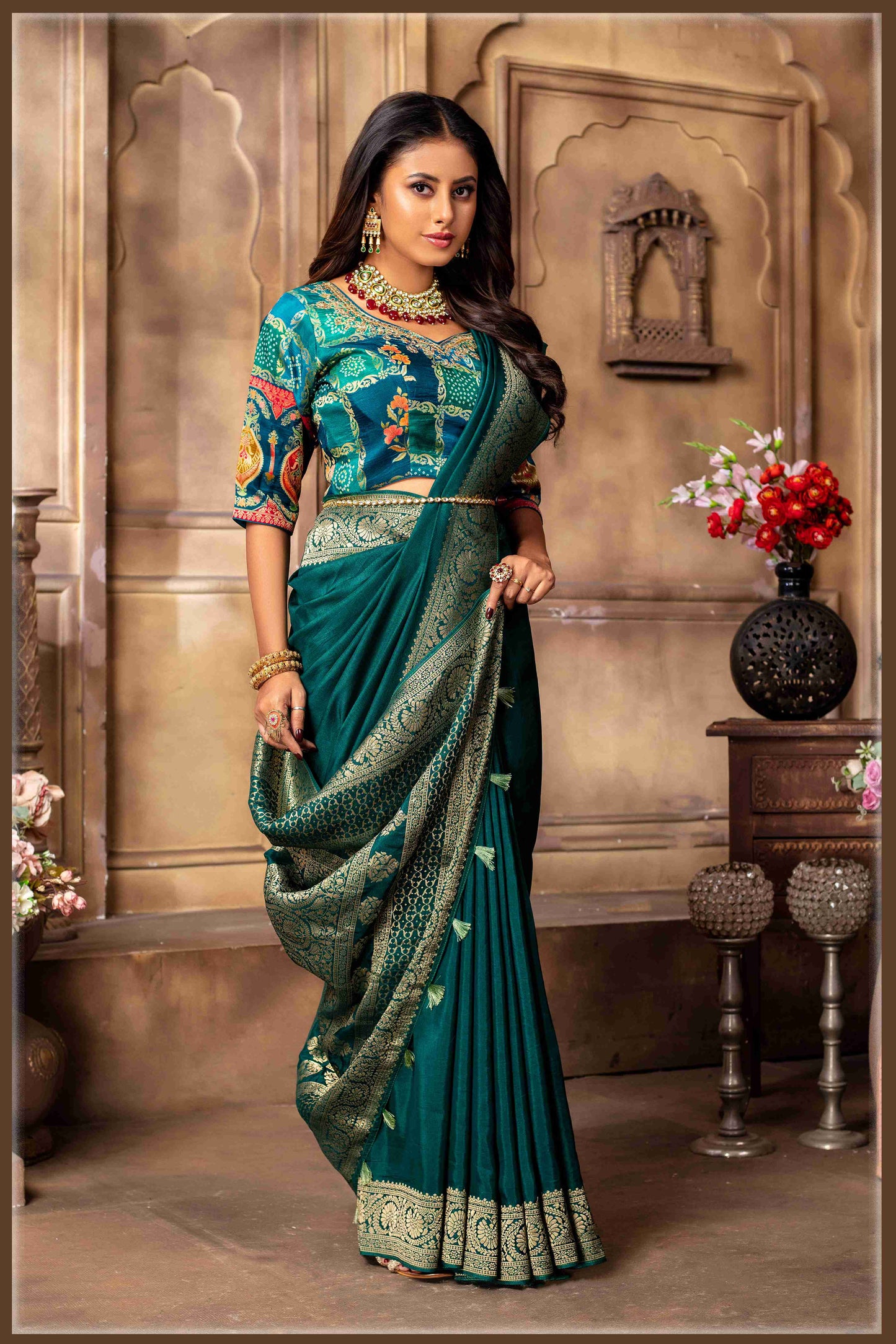 Bottle Green Banarasi Silk Saree with Stitched Blouse