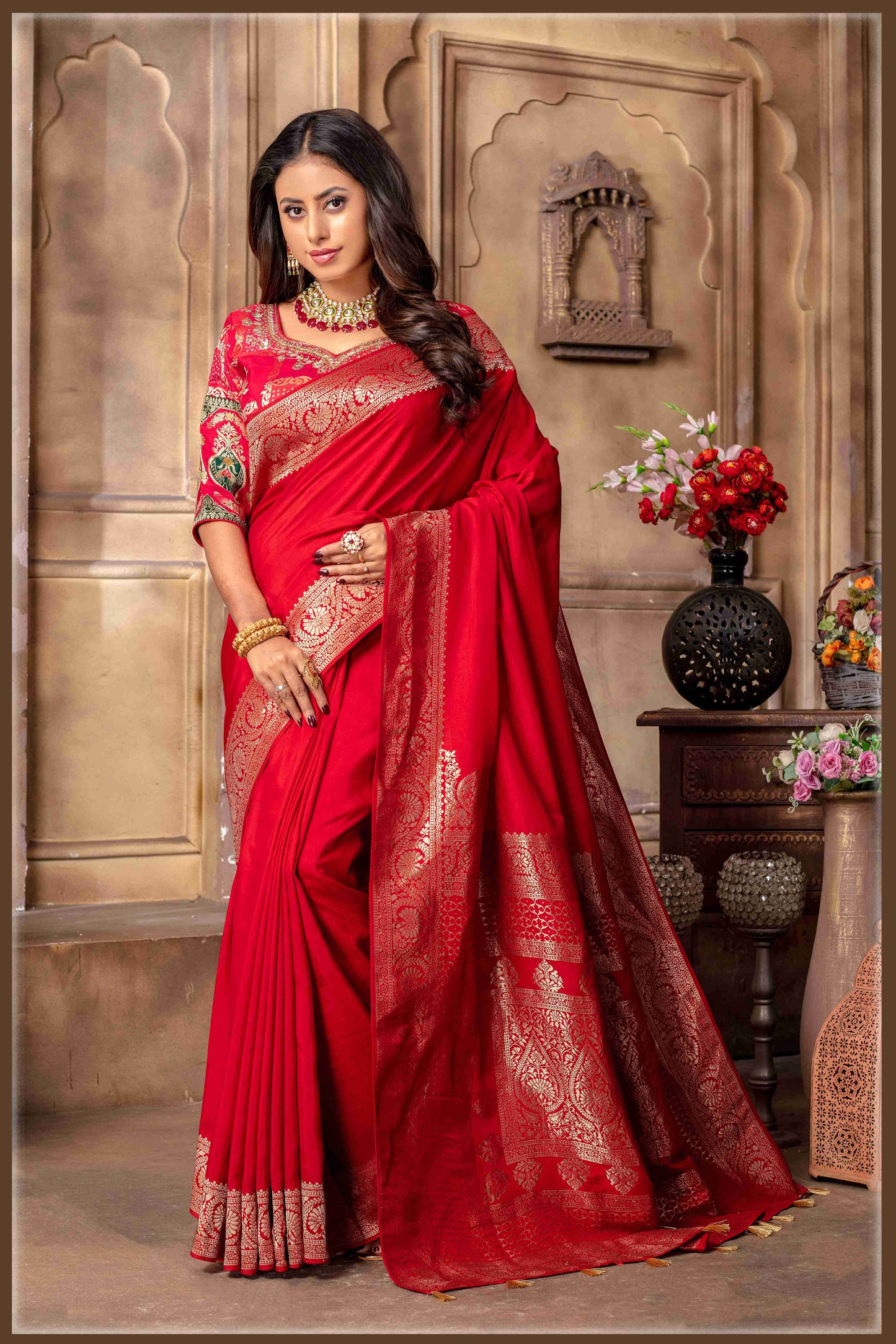 Red Banarasi Silk Saree with Stitched Blouse