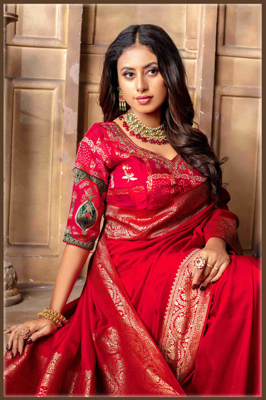 Red Banarasi Silk Saree with Stitched Blouse