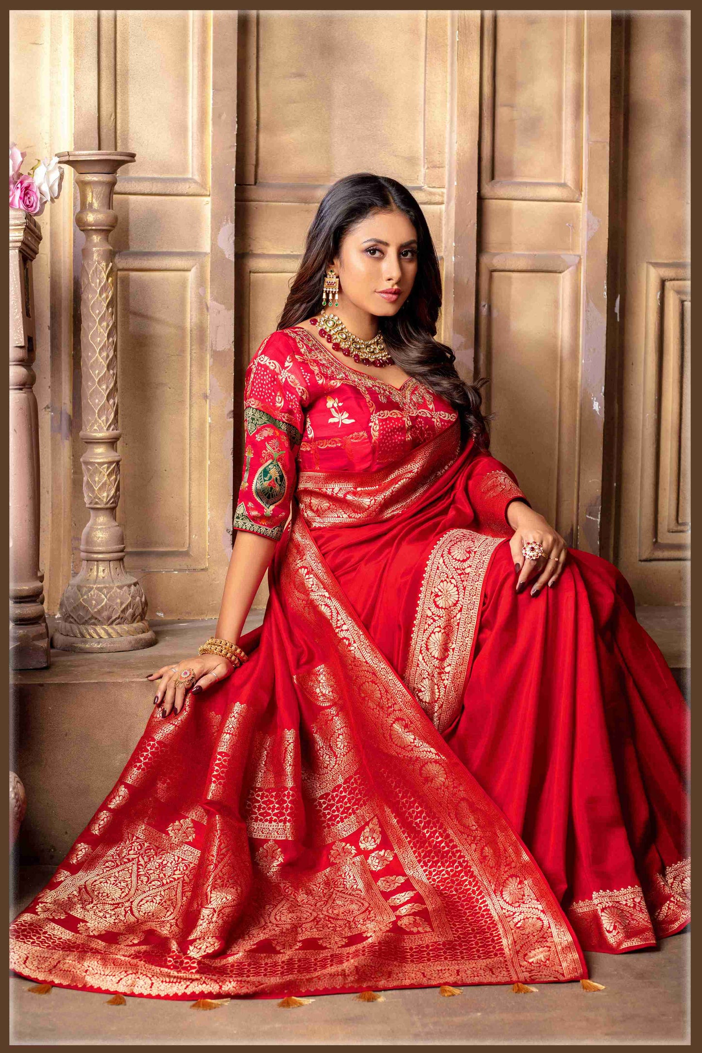Red Banarasi Silk Saree with Stitched Blouse