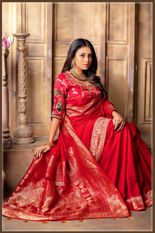 Red Banarasi Silk Saree with Stitched Blouse