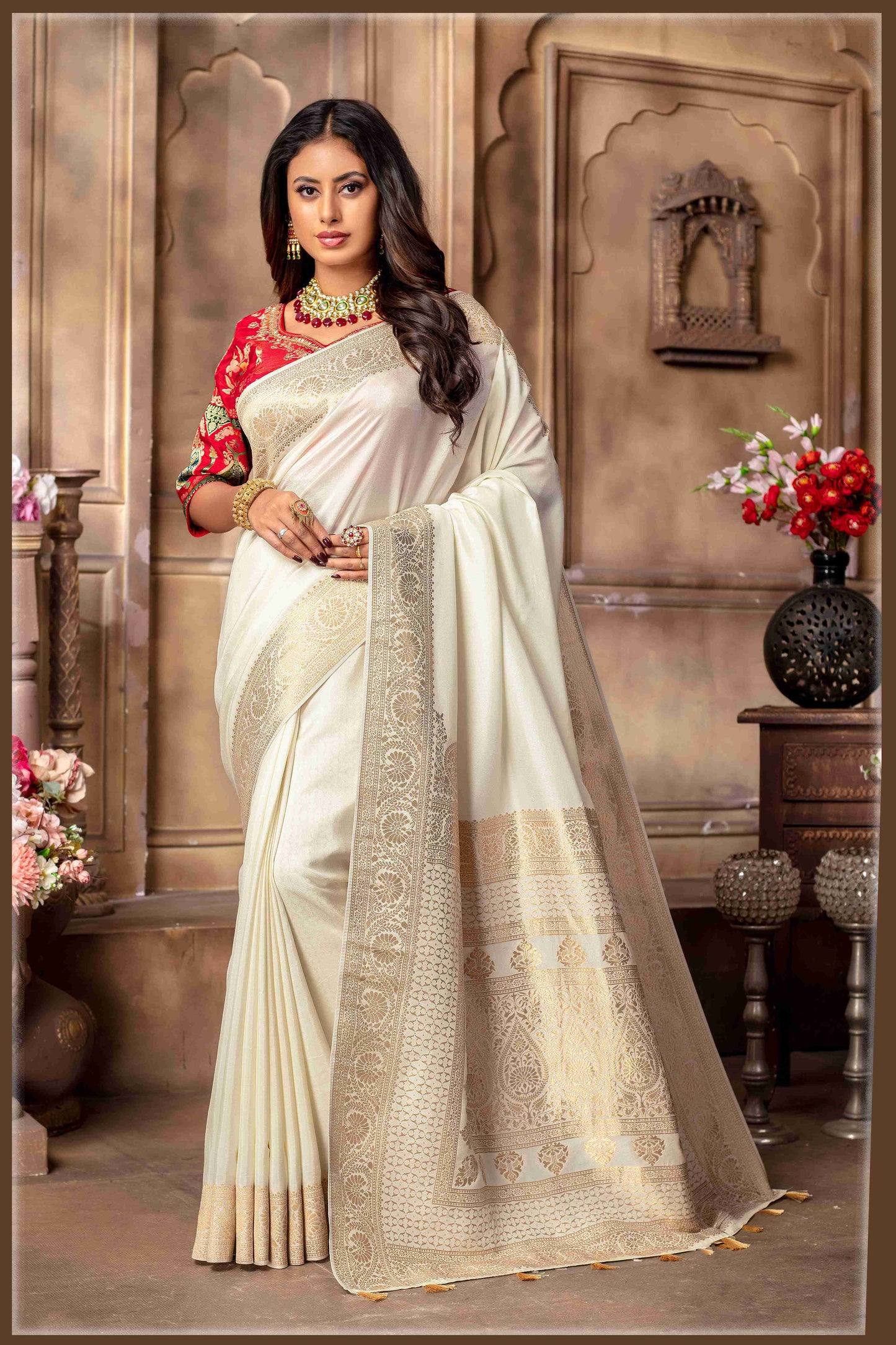 offwhite Banarasi Silk Saree with Stitched Blouse