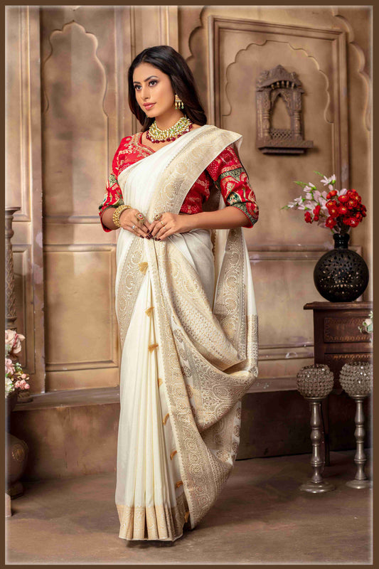 offwhite Banarasi Silk Saree with Stitched Blouse
