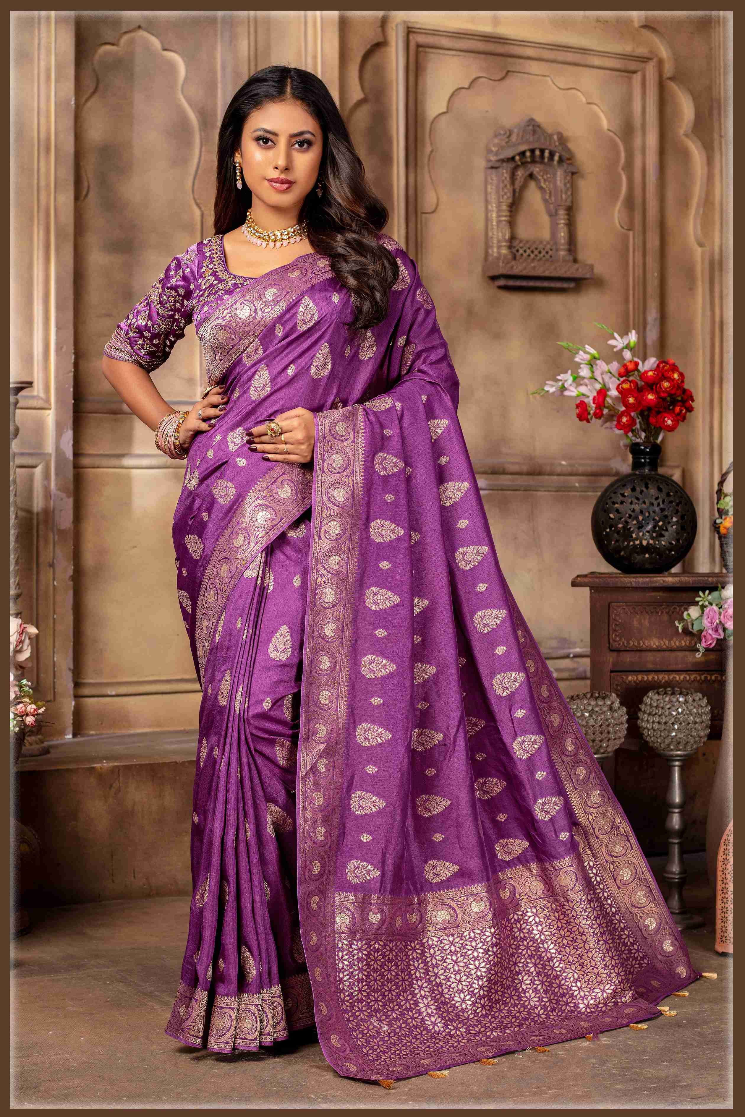 Magenta Banarasi Silk Saree with Stitched Blouse
